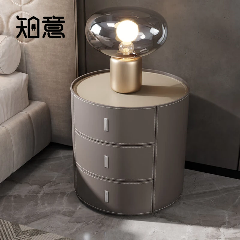 意式极简风格床头柜 大平层卧室三抽收纳储物柜圆形马鞍皮床边柜