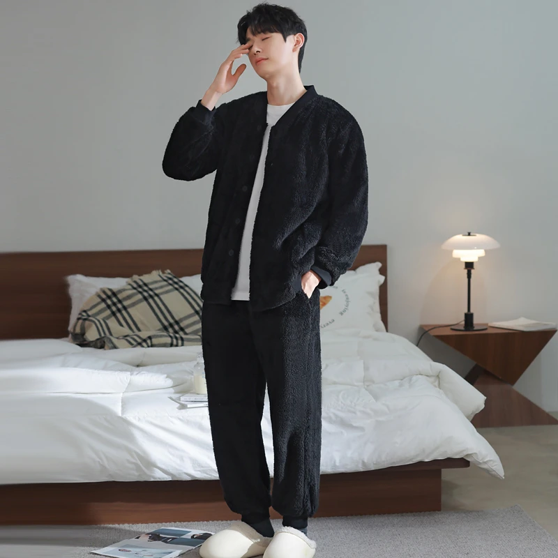 男士长毛绒睡衣加厚加绒睡衣保暖秋冬棒球服款家居服套装两件套