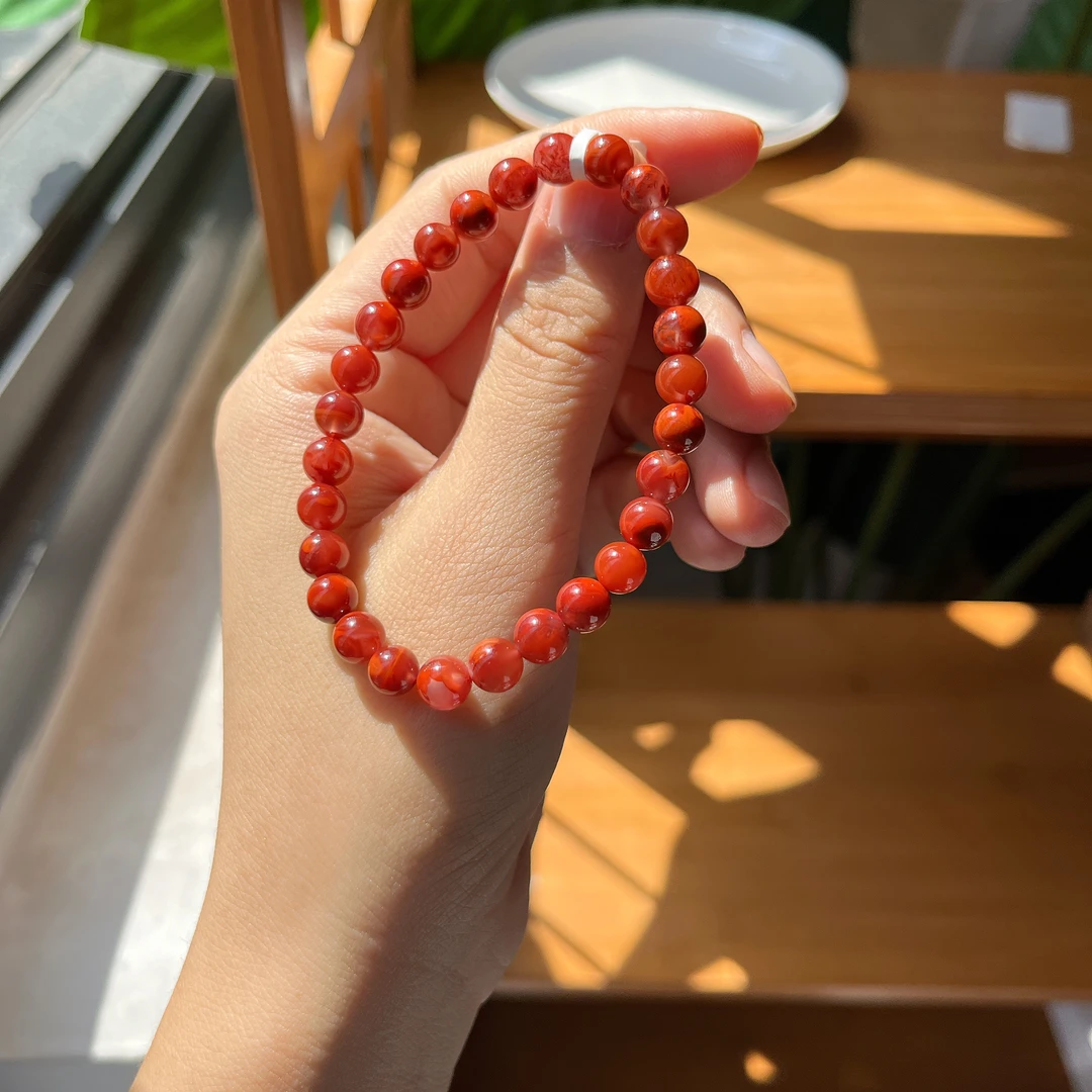 【郭老师】约6-7mm瓦西料火焰纹玫红底南红玛瑙圆珠单圈手串