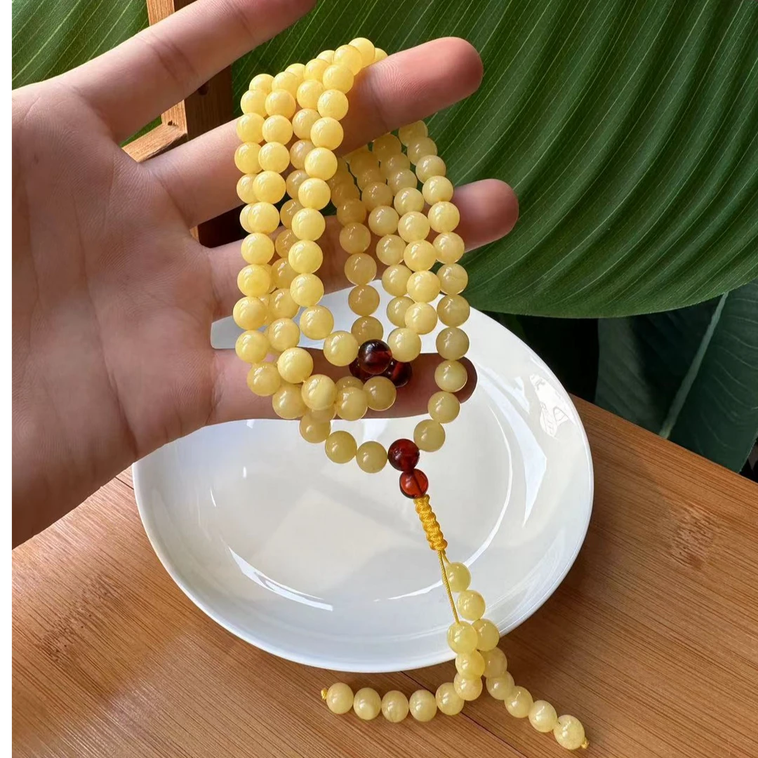 【郭老师】约7mm25g俄料鸡油黄蜜蜡108手链项链两用款