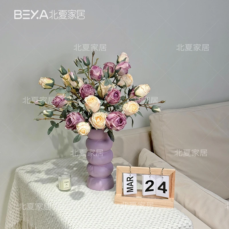 复古焦边紫色花样年华仿真花花束高档软装客厅家居摆件