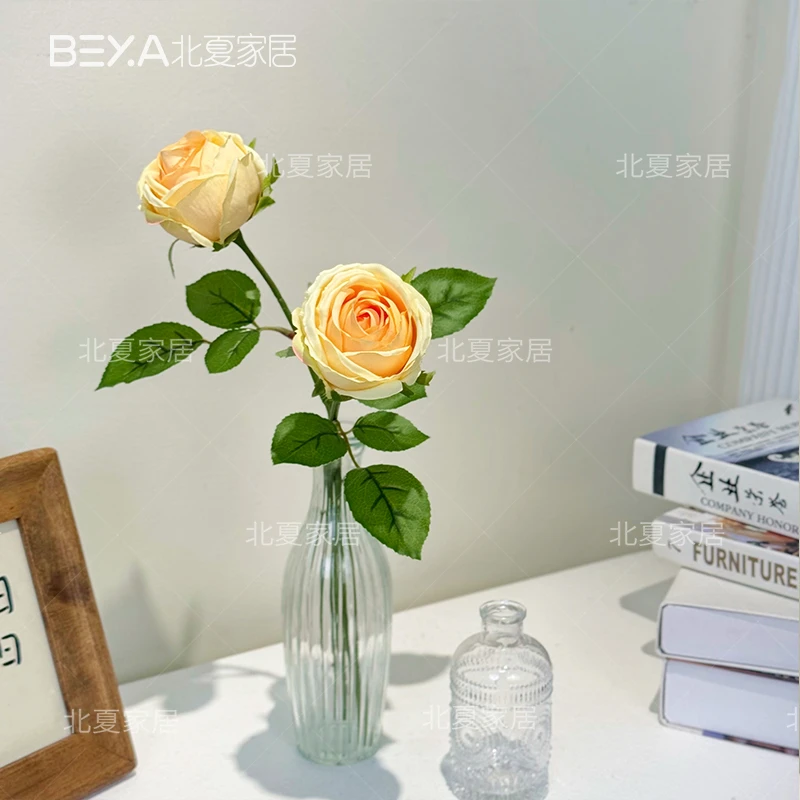 玫瑰仿真花蜜桃玫瑰客厅花美式摆件假花装饰家居摆件