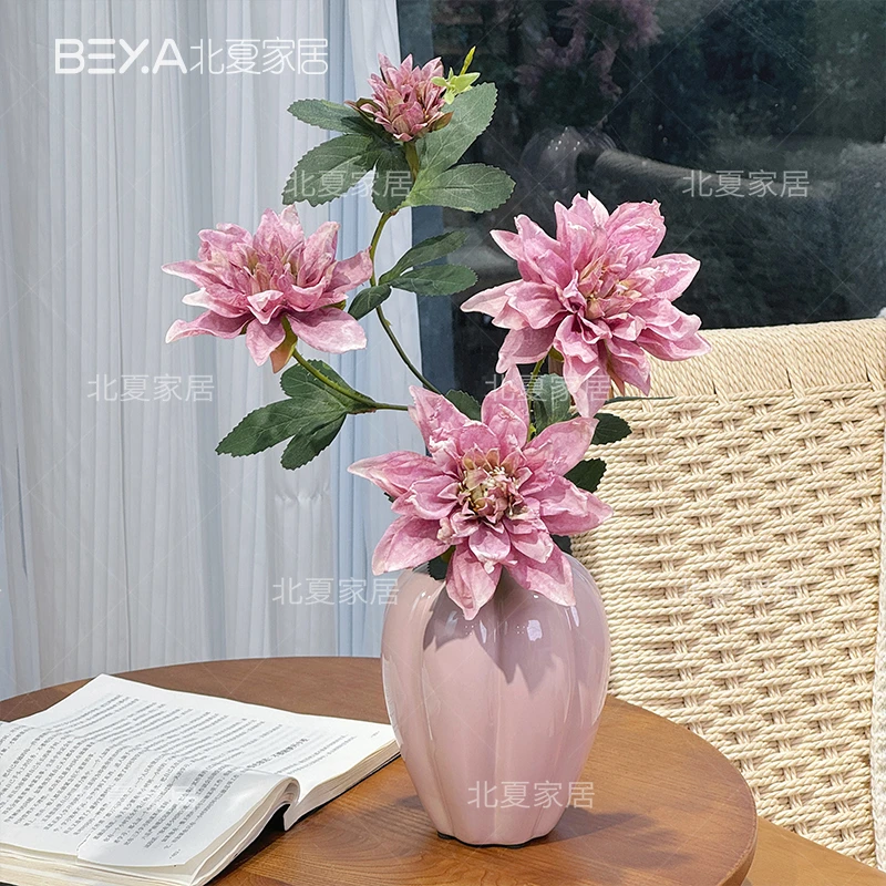 仿真花复古焦边大丽花假花摆设客厅插花花艺装饰家居摆件