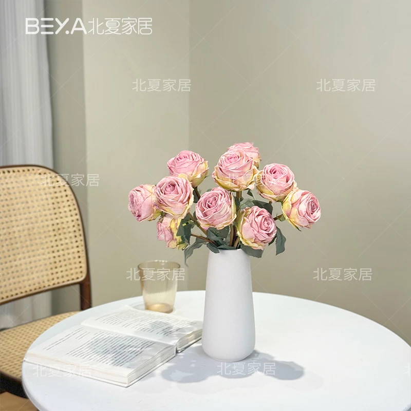 法式复古油画焦边玫瑰仿真花假花客厅餐桌花婚礼花束拍摄道具