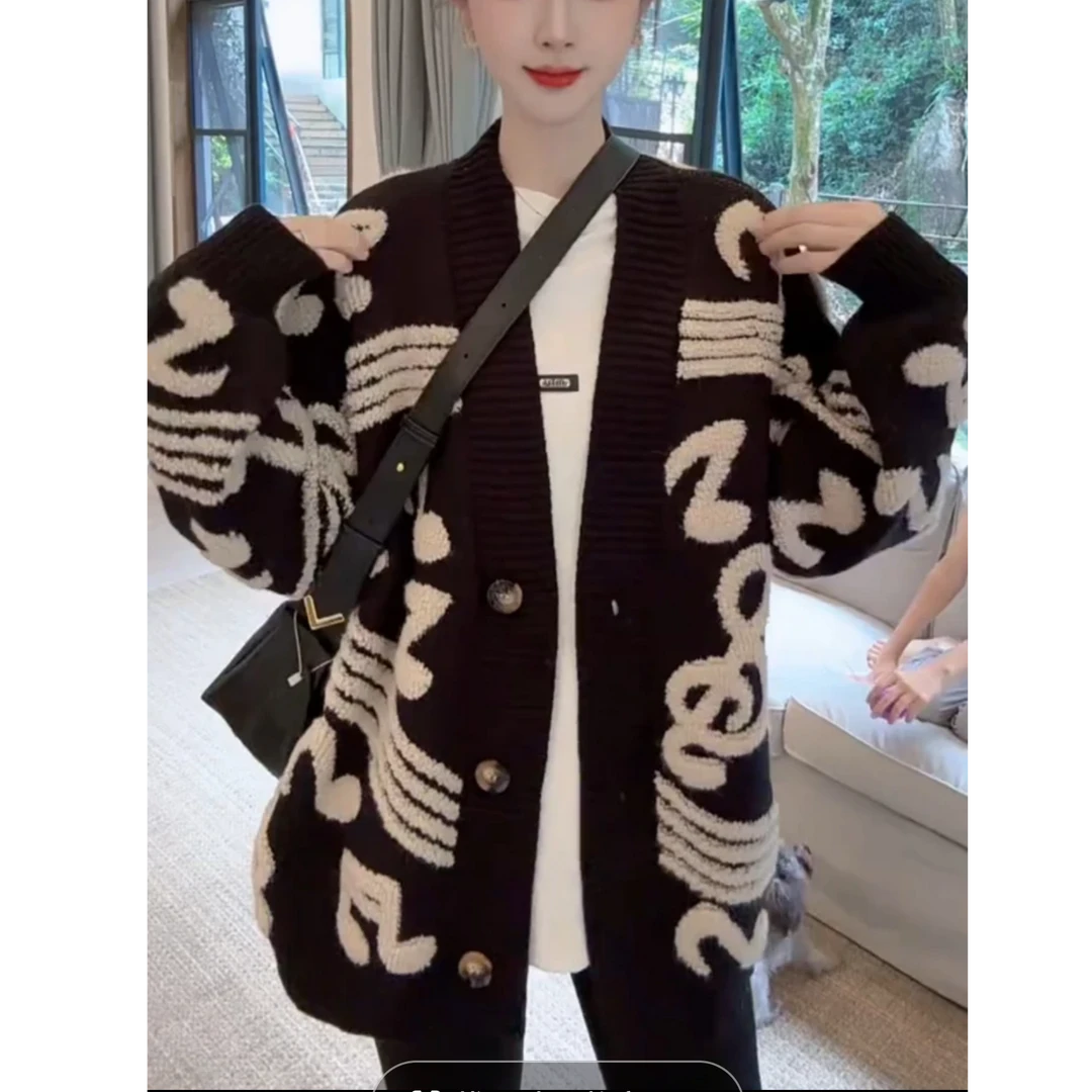【豆子同款】慵懒风软糯音符撞色图案女春秋宽松长袖针织开衫外套