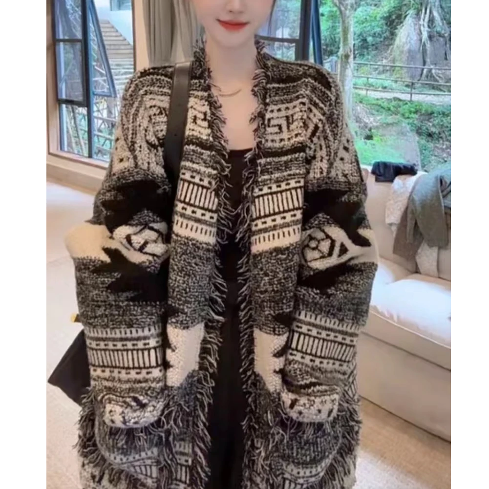 网红同款开衫流苏毛边V领拼色豆子陶陶款毛衣针织加厚秋冬外套