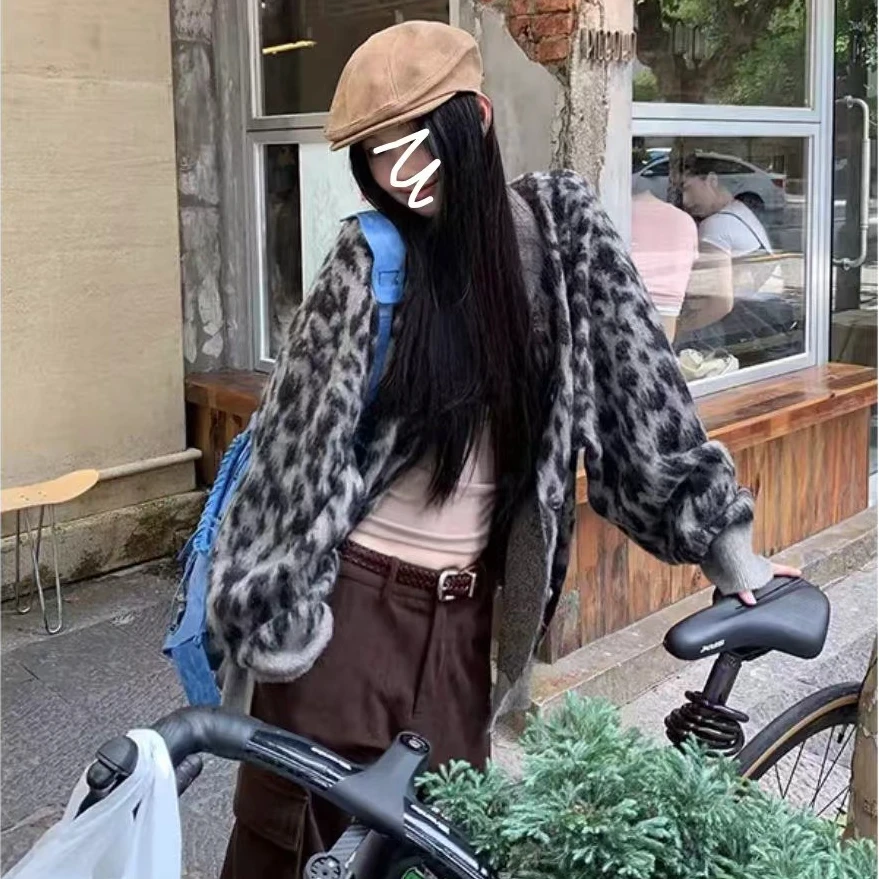 网红同款春秋复古定制灰色豹纹慵懒风松弛感软糯糯针织开衫