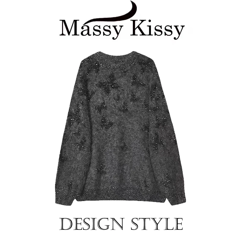 复古港风灰色毛衣女秋季2024新款慵懒风软糯设计感针织衫套头上衣