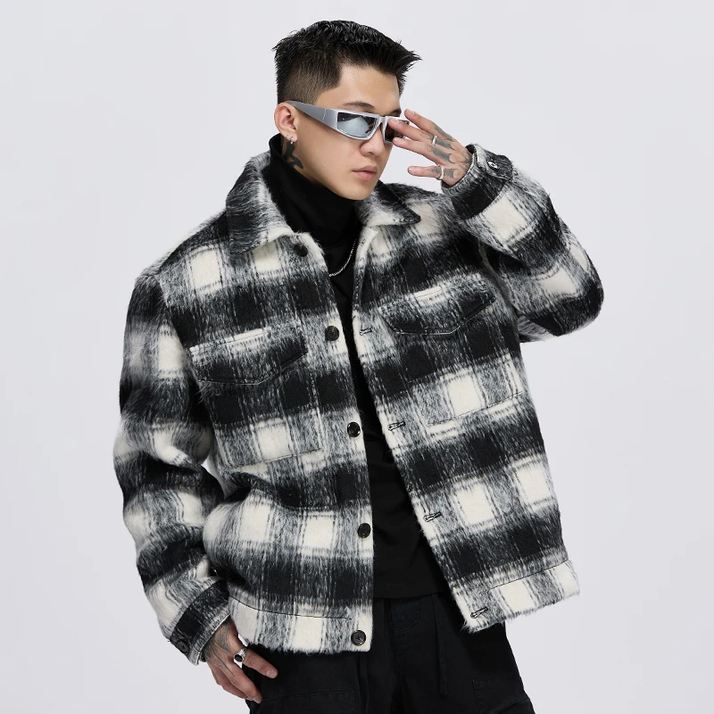 秋冬新款男士青年复古时尚羊呢格子翻领外套棉衣