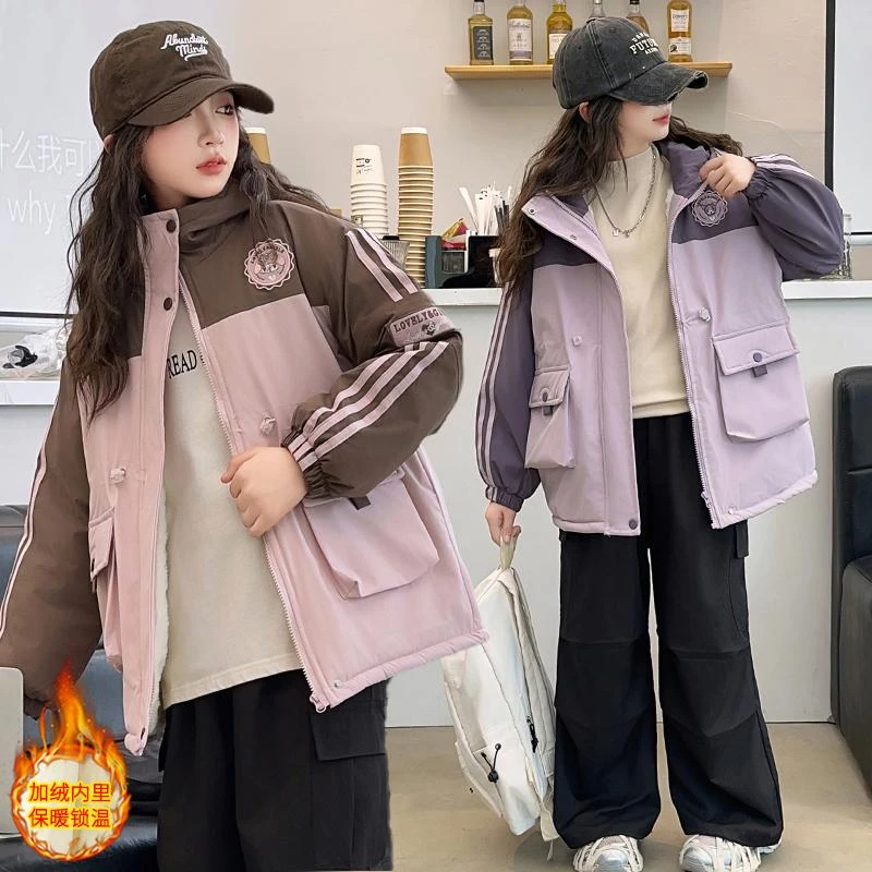 女童加绒派克服外套冬款2024新款中大童冬季棉服加厚儿童女孩棉衣
