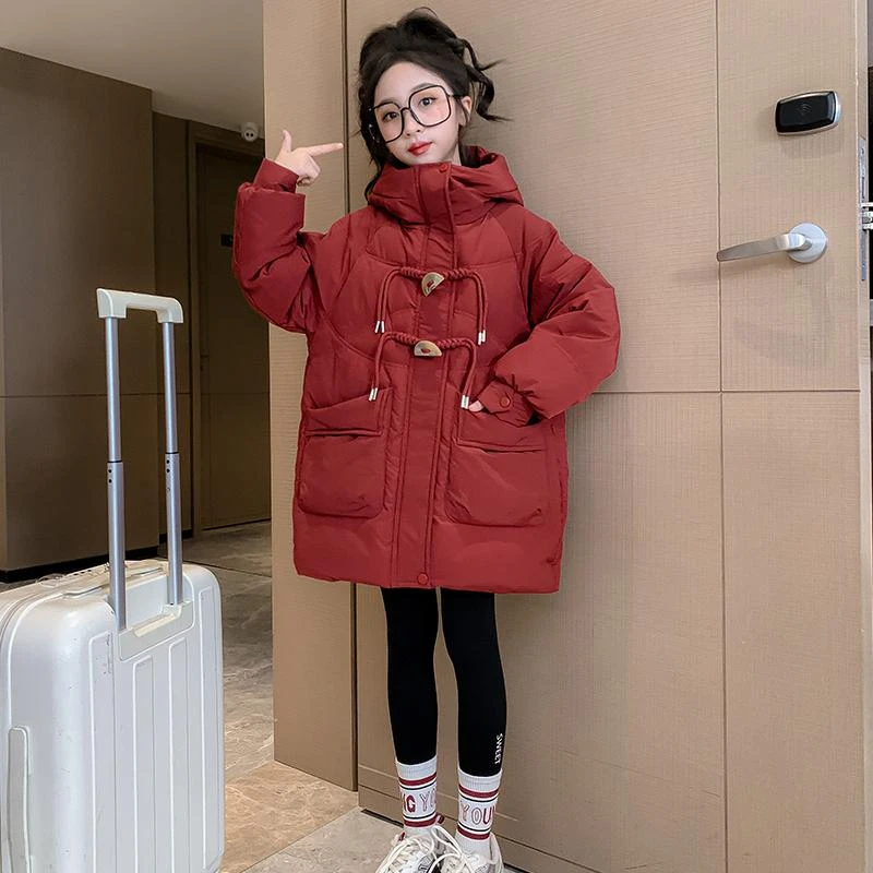 女童冬季羽绒棉服2024新款女大童洋气中长款棉衣儿童加厚纯色棉袄