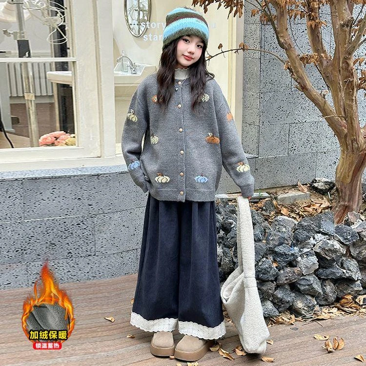 女童毛衣套装秋冬装2024新款女孩时髦针织开衫加厚休闲阔腿裤