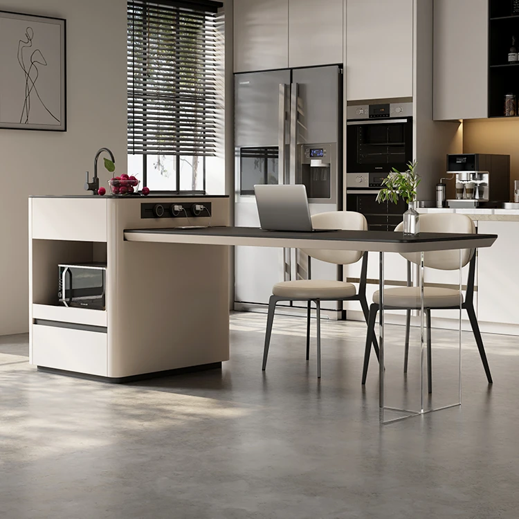 简约岩板中岛台餐桌一体家用可伸缩高级带水槽厨房伸缩倒台餐桌