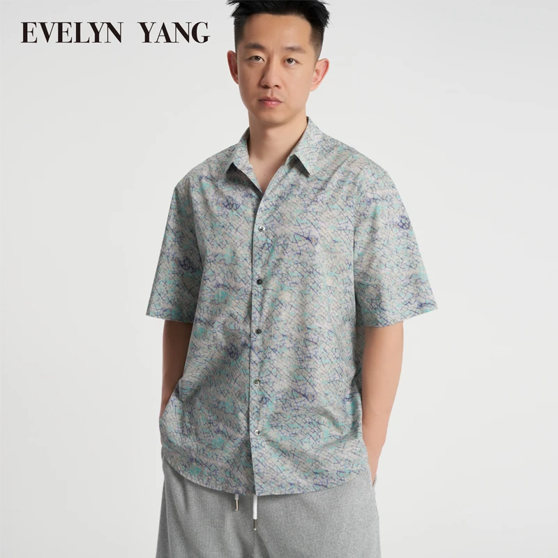 EVELYN YANG夏季爆款男士和田玉大理石碎花时尚休闲薄款短袖衬衫