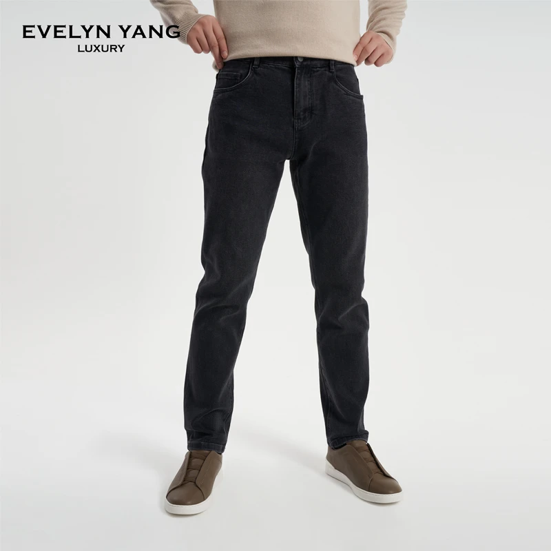 EVELYNYANG春季新款男士YS加绒小黑裤百搭黑色时尚男牛仔裤子