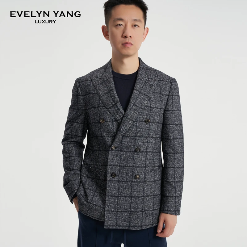 EVELYN YANG春季新款男士菲拉小羊驼羊毛黑白格休闲格纹单西西服