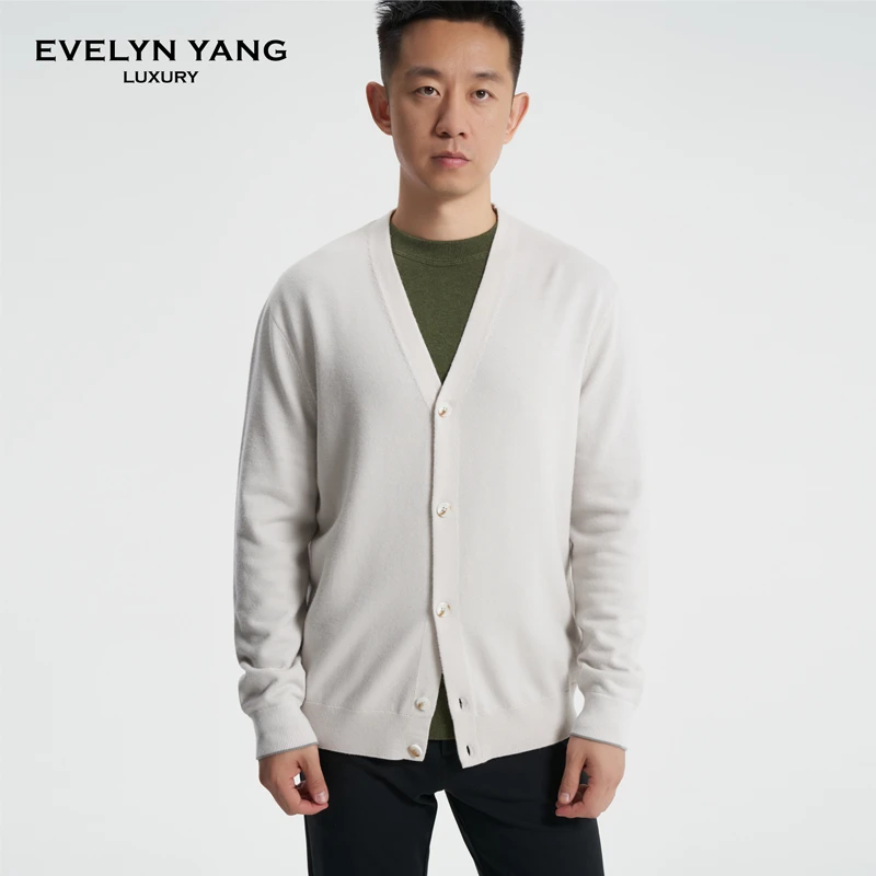 EVELYN YANG秋季新款男士塔斯马尼亚羊毛混纺长袖纯色薄款开衫