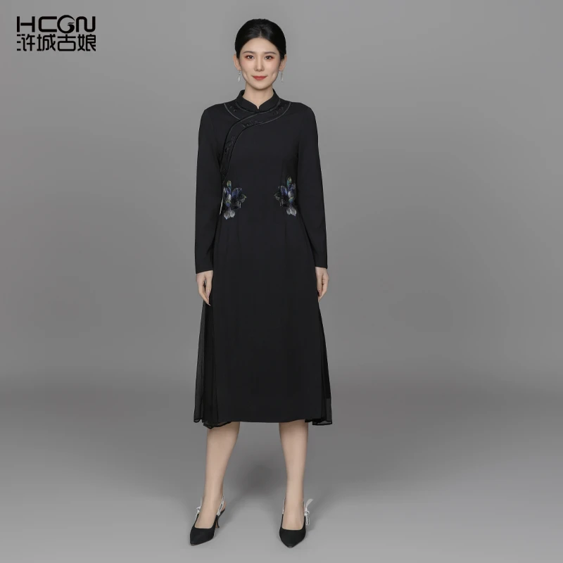 【罗马棉】精致刺绣复古中式时尚气质优雅女荷韵奥黛长袖ACL17918