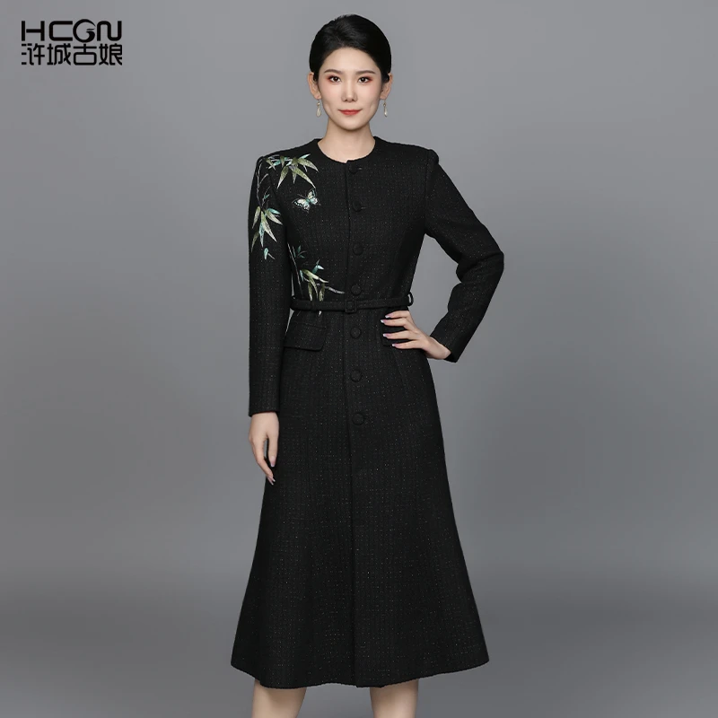 浒城古娘国风刺绣时尚大气秋冬气质中式显瘦锦轩连衣裙-22D17510