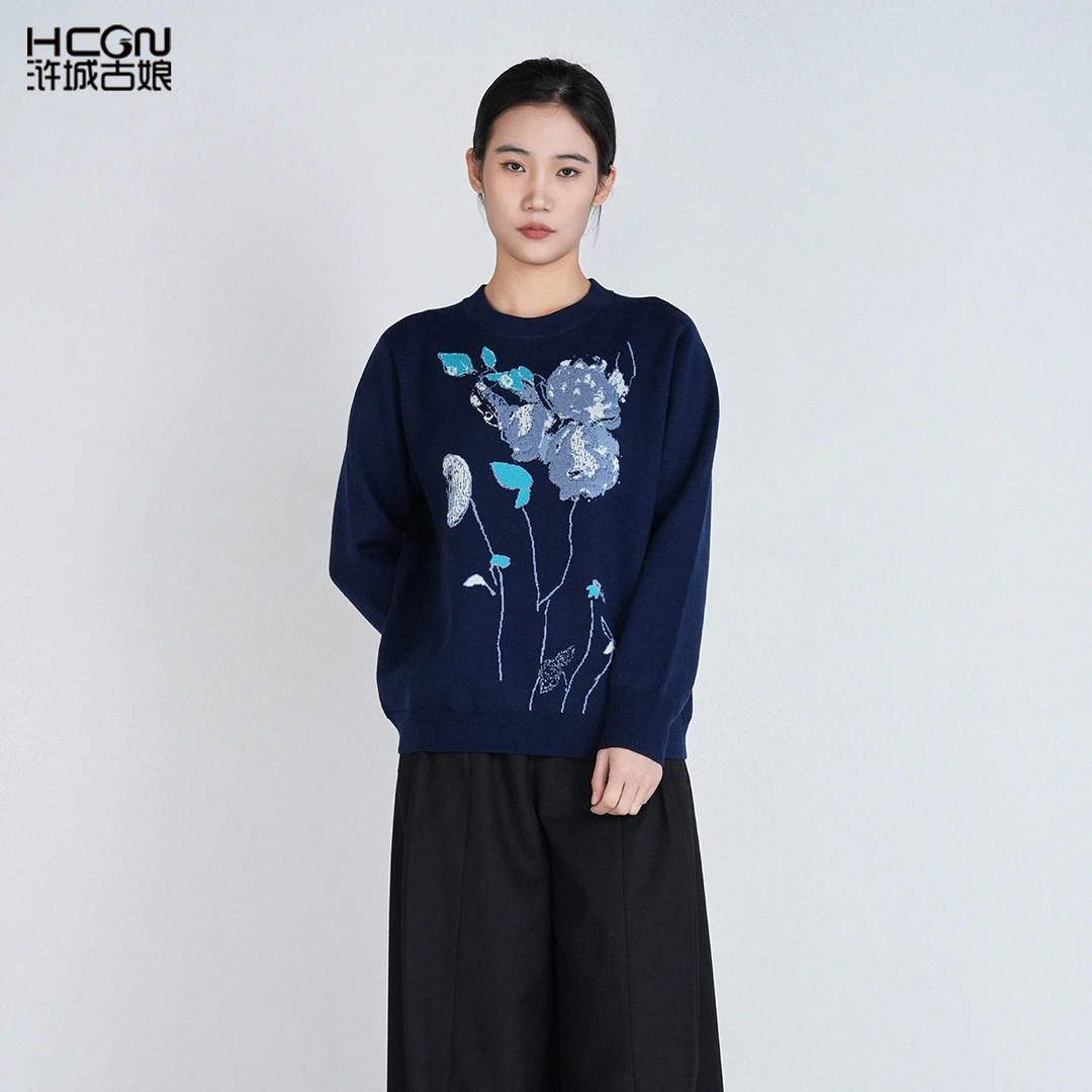 中国风绵羊毛圆领舒适短款减龄气质显白晴知提花毛衫上衣DCL16116