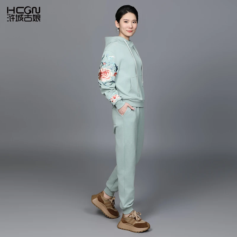 浒城古娘中式国风刺绣休闲时尚悦颜卫衣套装-22C18506+22C19326