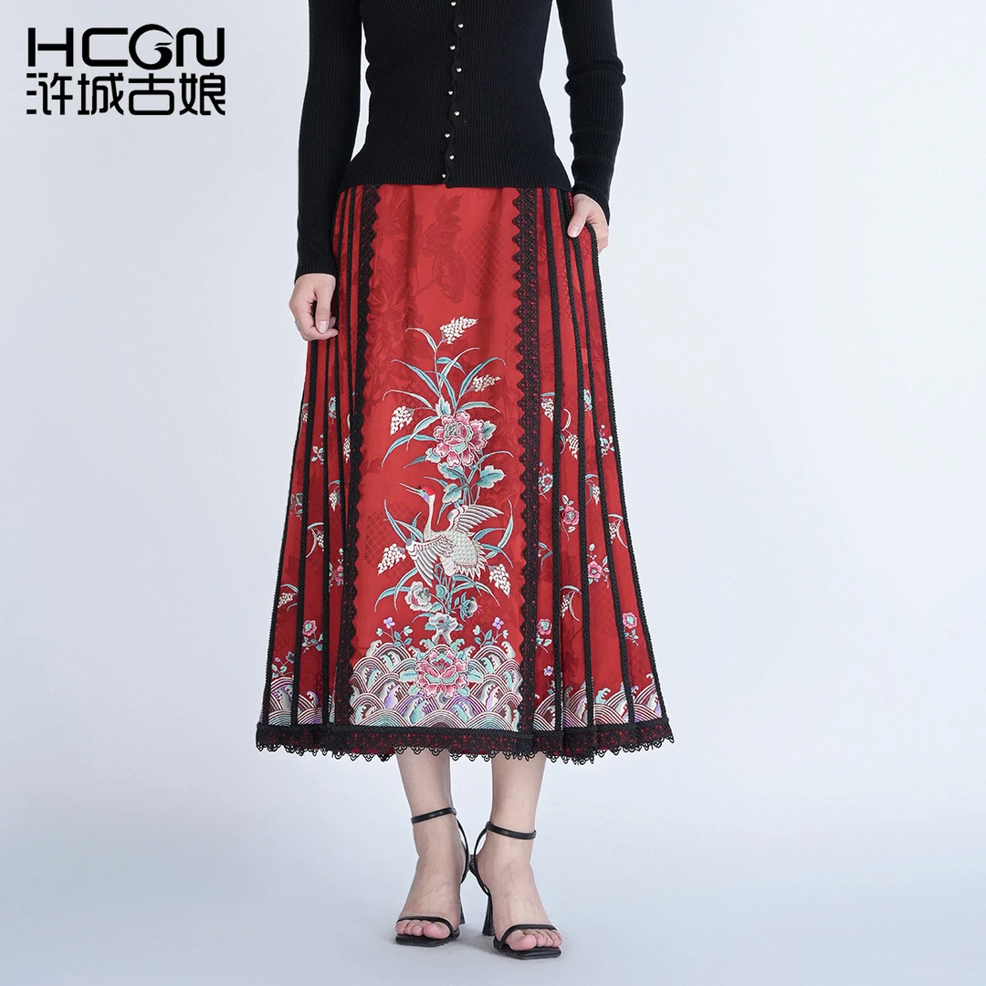 中式重工刺绣A字高腰显瘦女半裙复古通勤鹤羽亭亭马面裙CCL19775