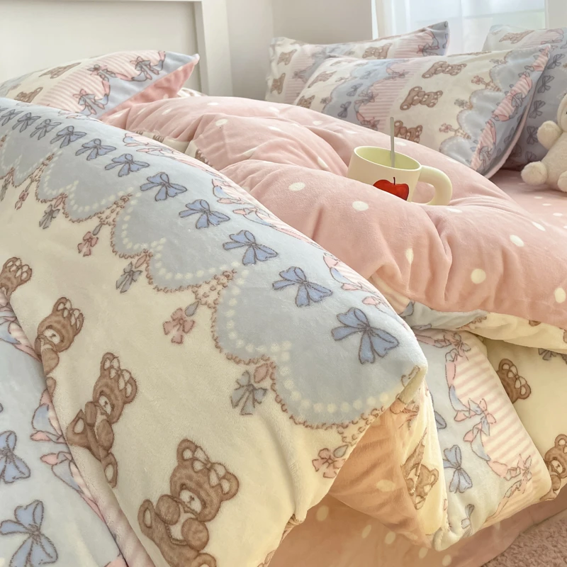 卡通双面牛奶绒床上四件套秋冬加厚珊瑚绒被套罩床单人床笠款床品