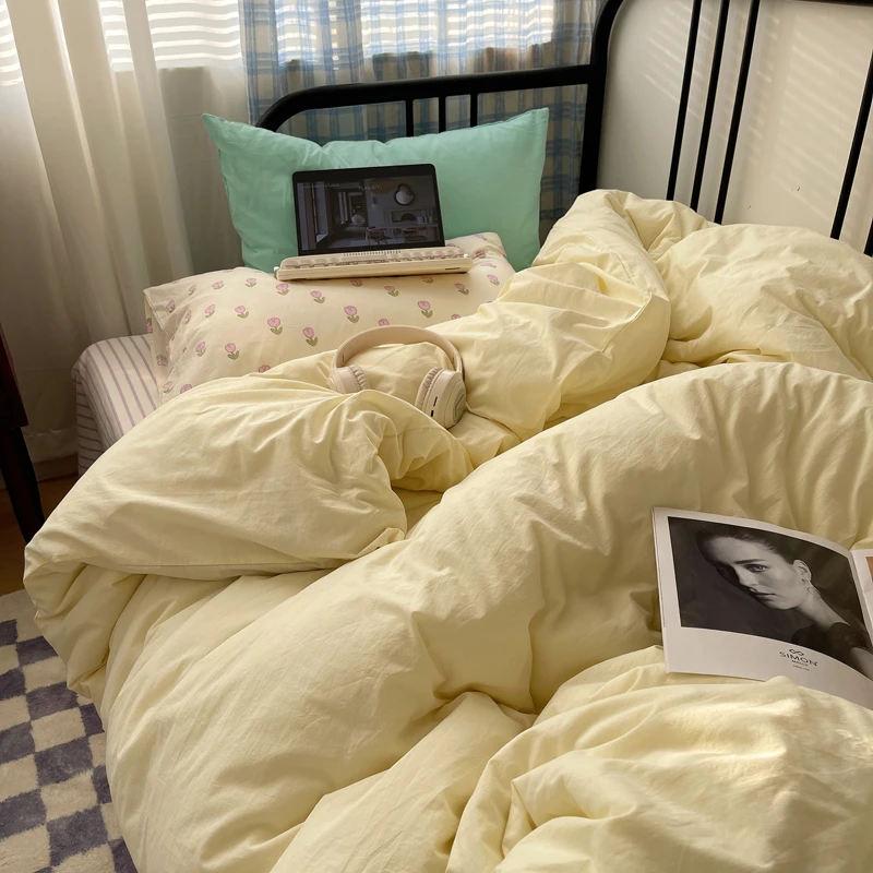 全棉水洗棉四件套简约纯棉混搭床单被套学生宿舍三件套床品床笠款
