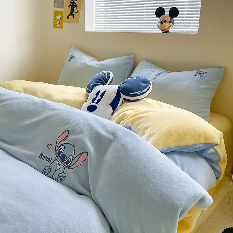 迪士尼A类牛奶绒四件套刺绣双面绒被套珊瑚绒学生宿舍床上三件套