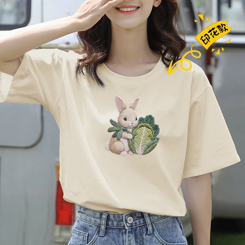 短袖T恤女士夏季2024新款宽松纯棉印花显瘦正肩小众设计感F12