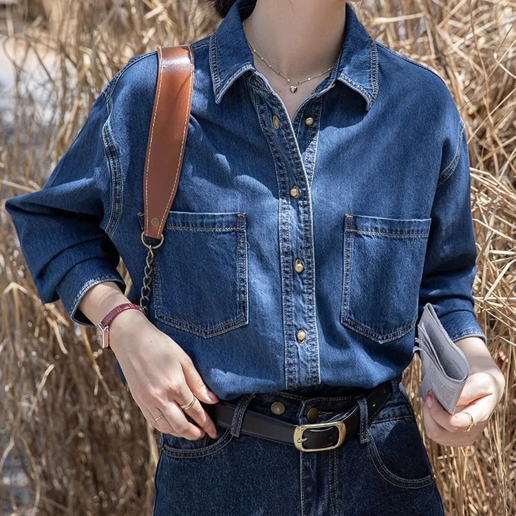 春季新款牛仔衬衫女叠穿百搭小众设计感复古港味宽松长袖