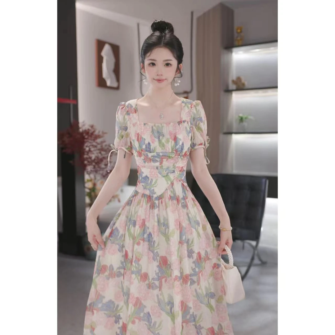 Meika-【粉雾鸢尾】夏季新款法式气质复古收腰显瘦碎花连衣裙长款