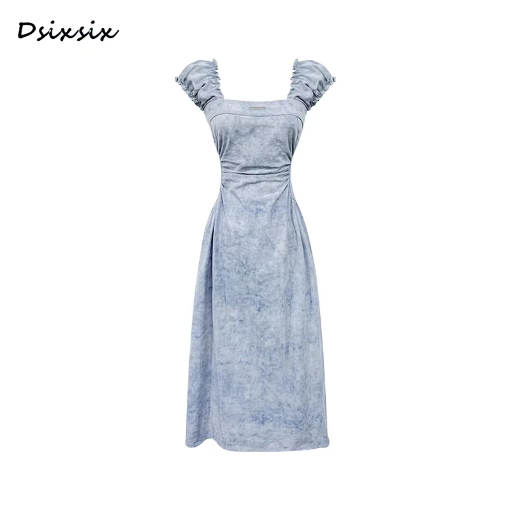 YeahMe-【茶卡少女】夏日优雅气质泡泡袖蓝色渐变收腰连衣裙女装