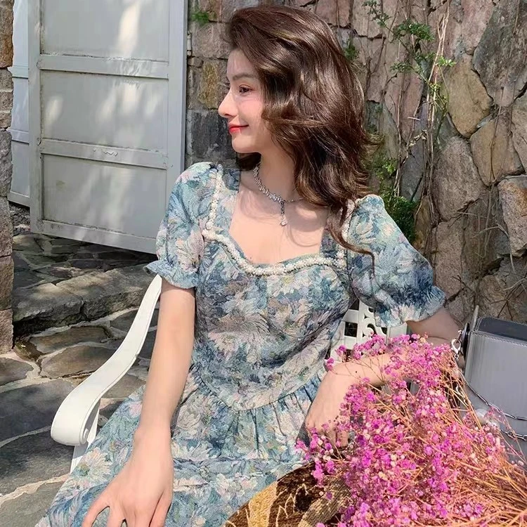 Meika-【画展】春季新款法式气质时尚复古设计感收腰显瘦印花连衣裙