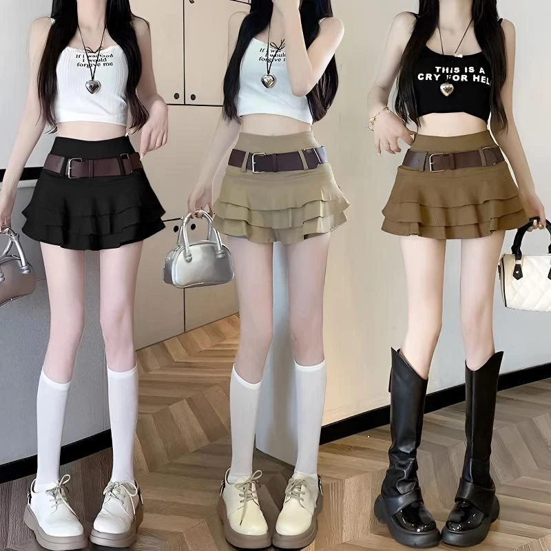 卡其色短裙女装夏季辣妹A字半身裙裤设计感美式显瘦复古高腰裙子