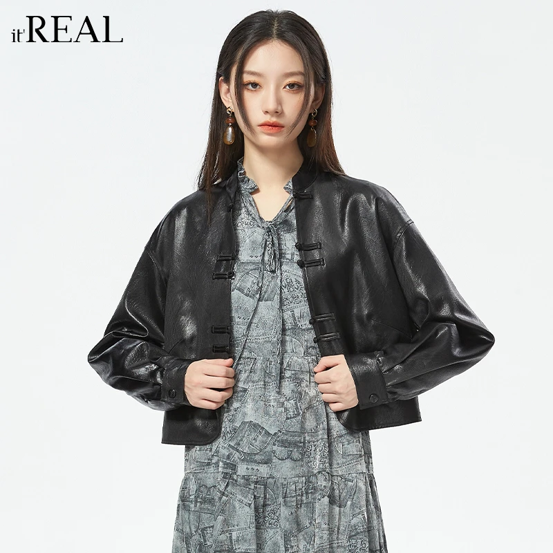 It'real瑞尔女装新品黑色时尚百搭短款皮衣女外套9763220005