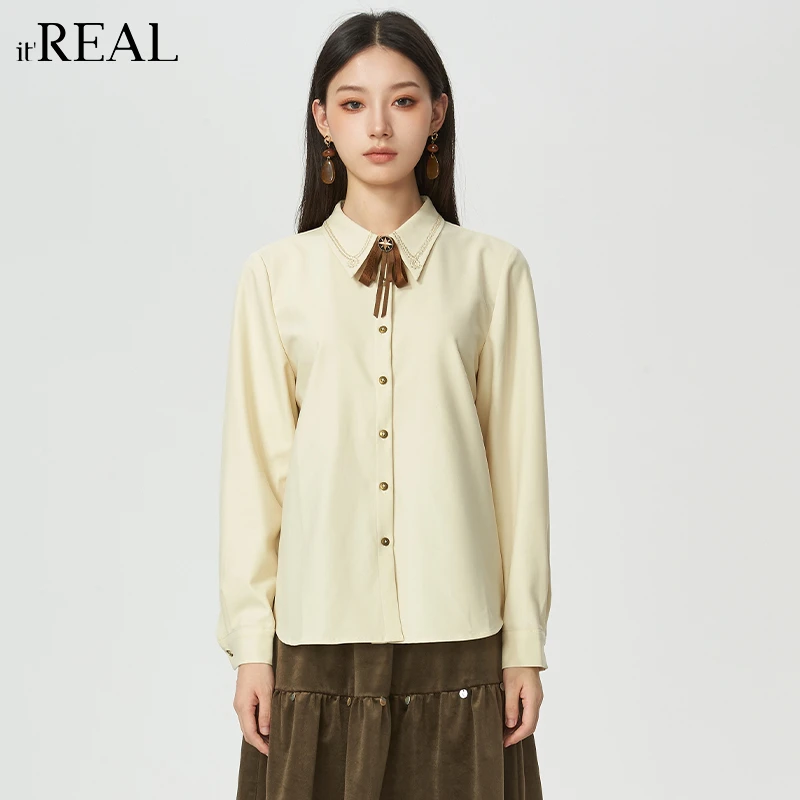 It'real瑞尔女装2024冬季气质长袖小众杏色衬衫9764103002
