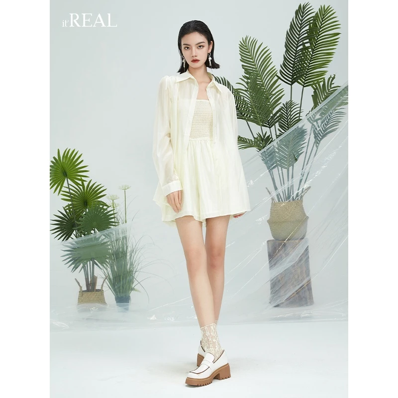 itreal瑞尔女士纯色防晒服长袖衬衫连体短裤两件套装-AL