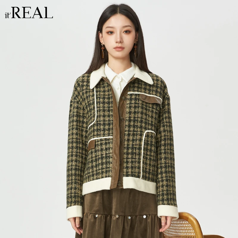 It'real瑞尔女装2024冬季新品格纹撞色休闲外套1764276005