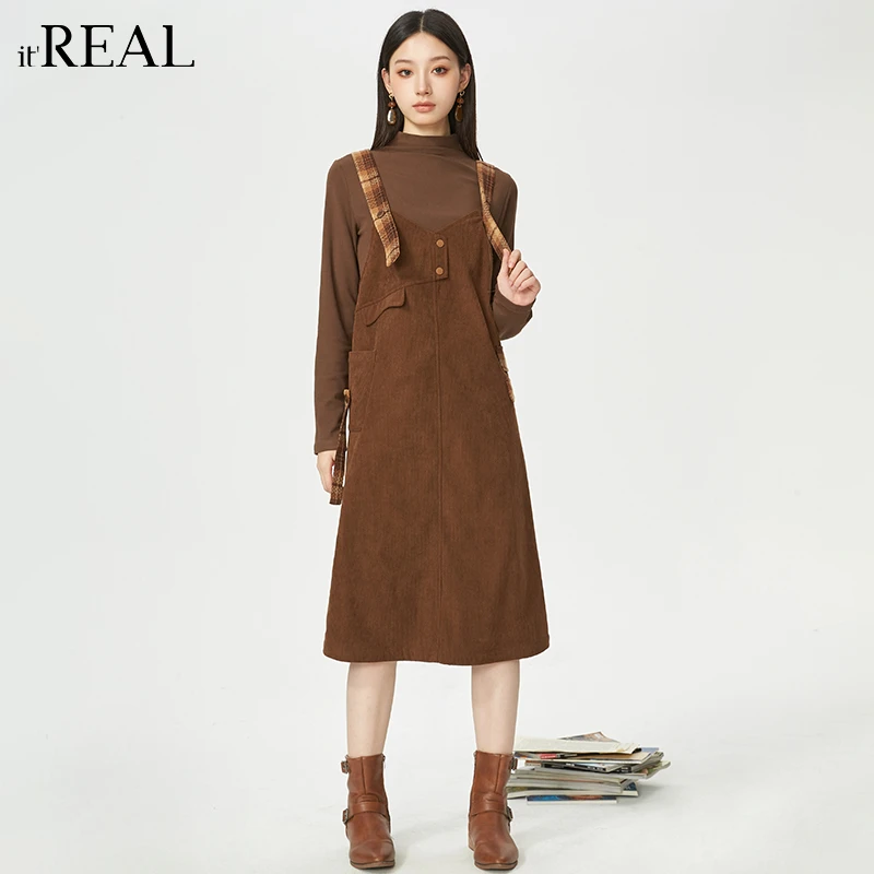 It'real瑞尔女装2024秋冬休闲复古深咖色背带裙9764644001