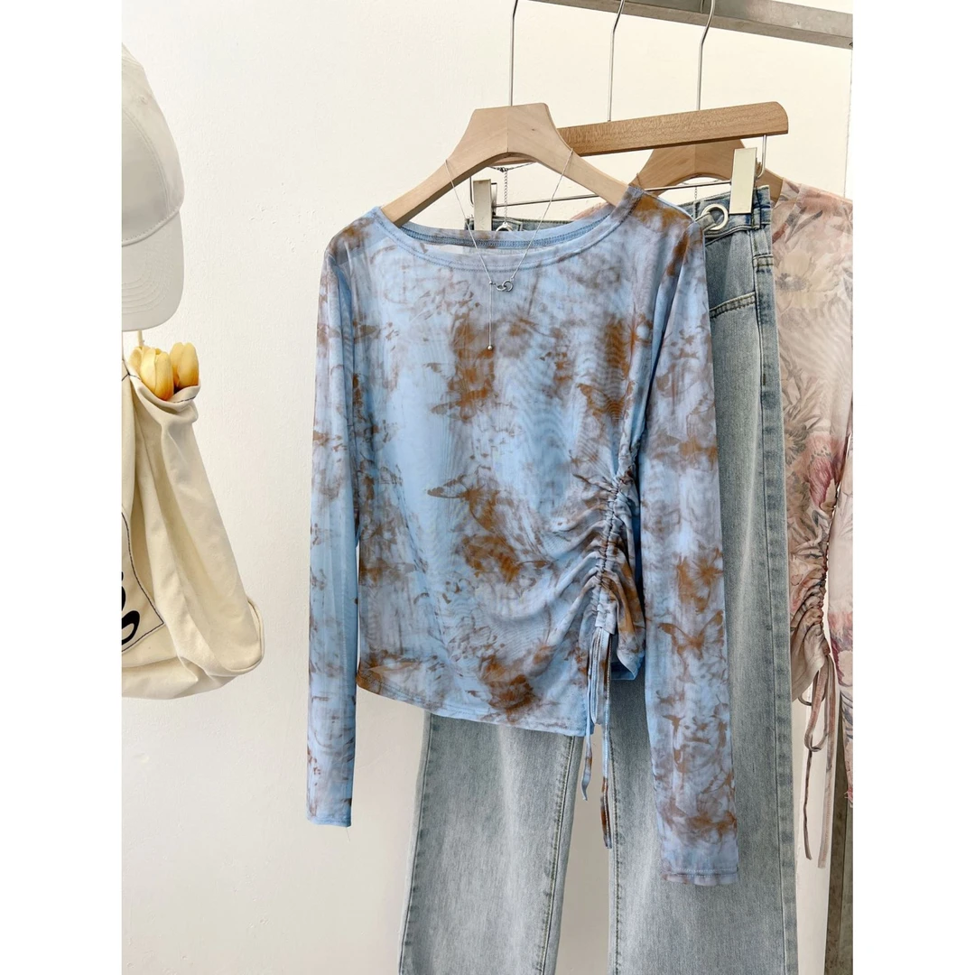 2024夏季复古扎染侧边抽绳不规则上衣女独特别致薄款网纱防晒T桖