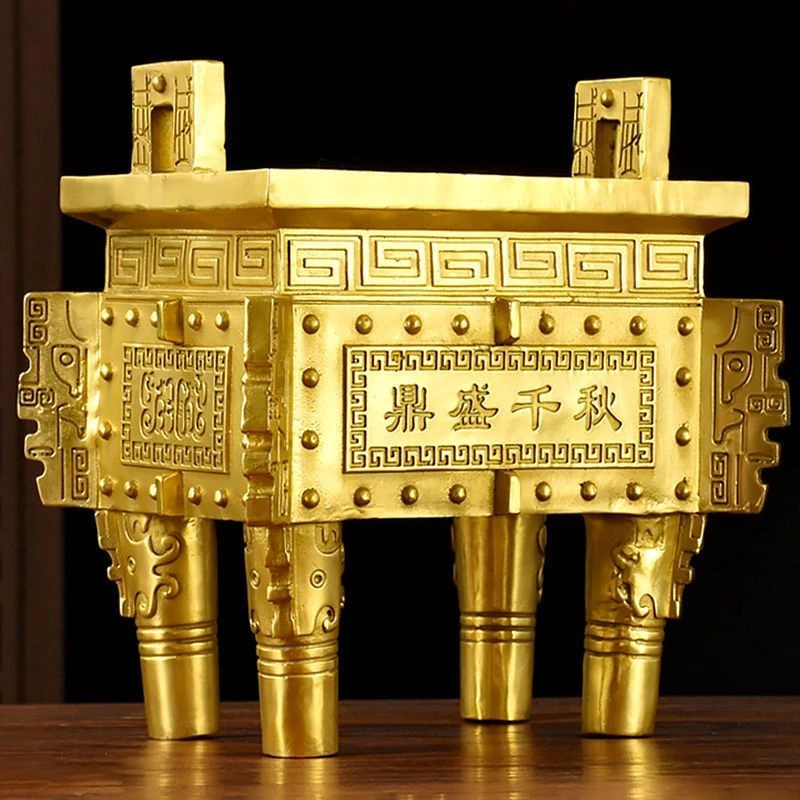 纯黄铜香炉铜鼎聚宝鼎方鼎摆件诚信招财旺保平安鼎盛千秋四足鼎