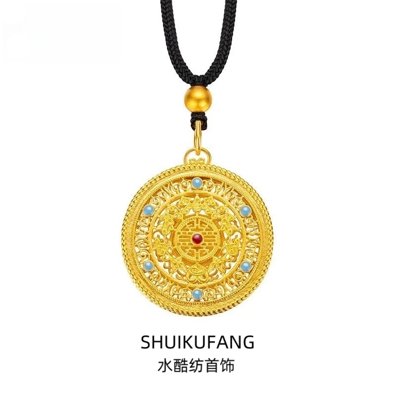 铜合金亚克力项链  国潮复古花丝镂空五福圆满吊坠挂坠F2163