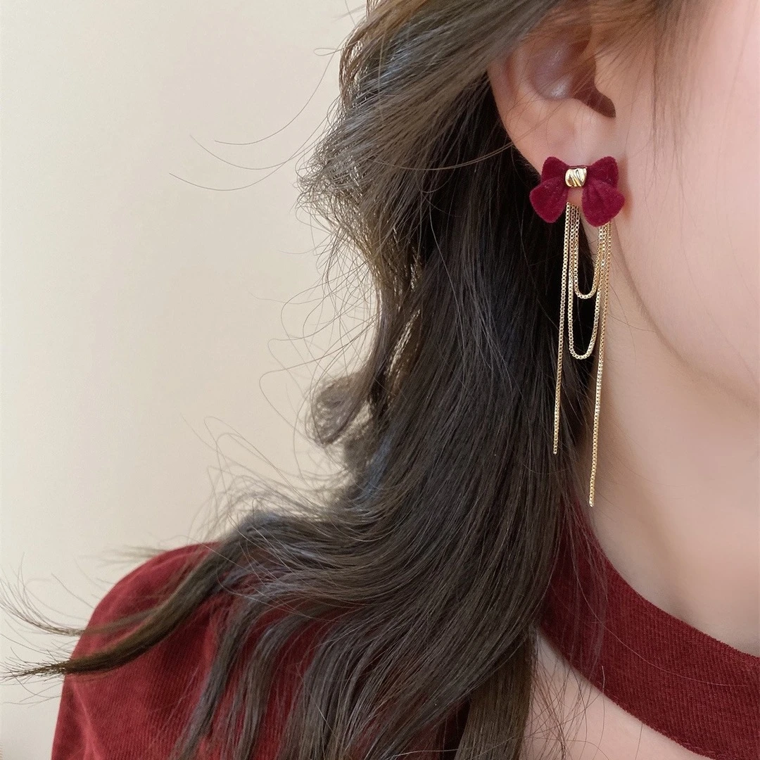 铜合金耳饰 丝绒蝴蝶结流苏两戴耳环轻奢气质耳钉耳饰F2447