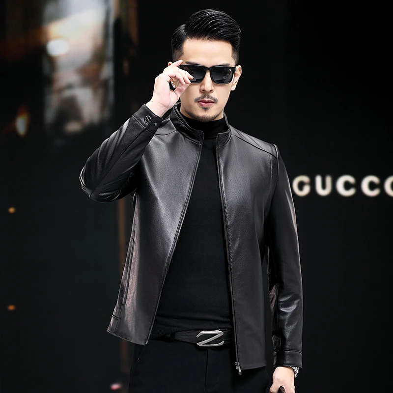 【断码】海宁真皮皮衣韩版男装头层牛皮立领上班商务休闲皮夹克外套