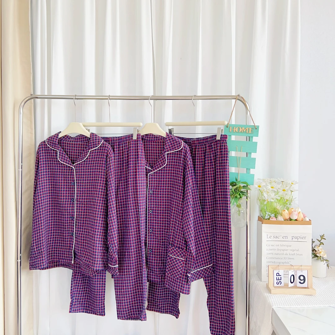 微瑕！男女士春秋磨毛格子长袖居家套装 红格