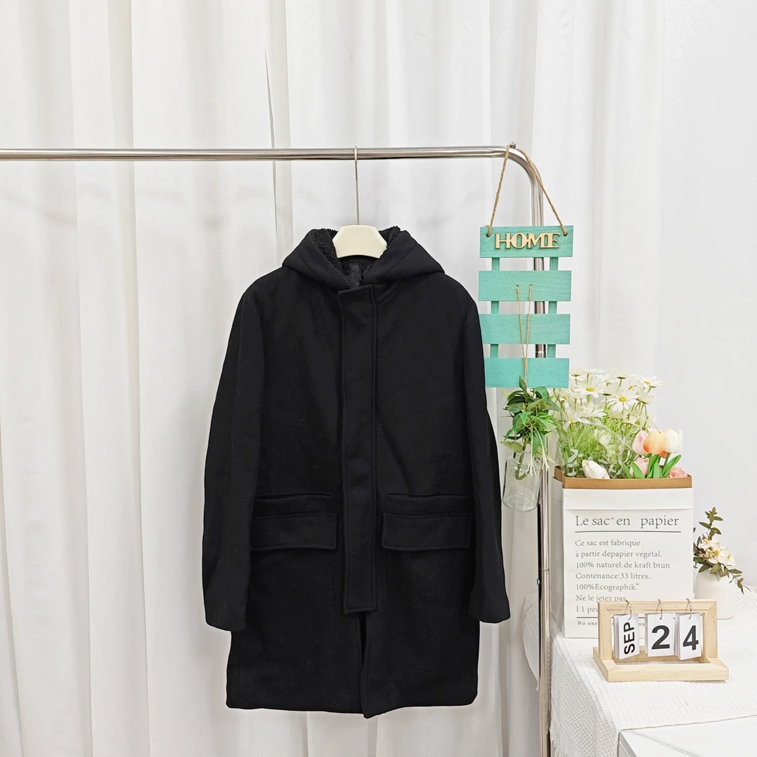 D男士毛呢大衣加厚连帽款 纯黑色 200