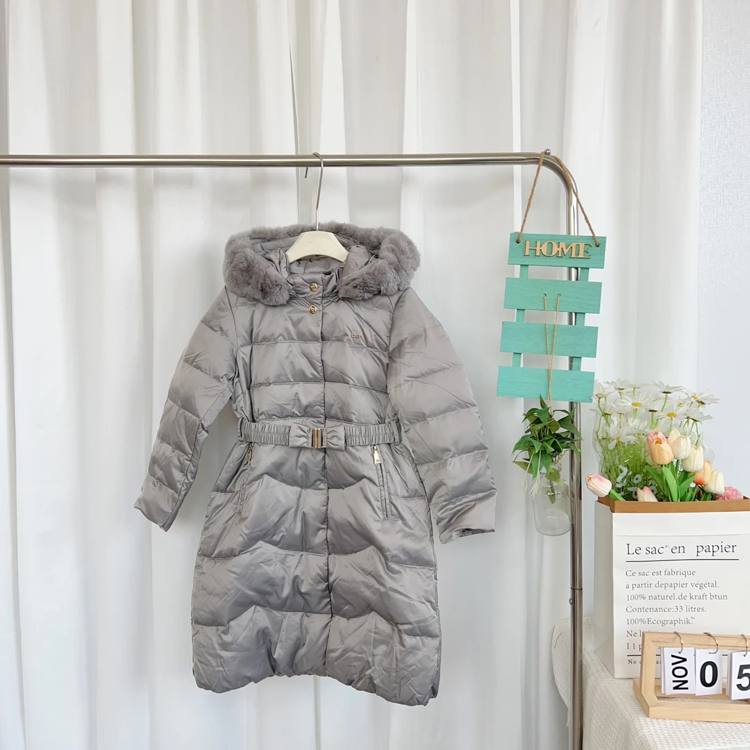 女童冬季厚实带腰带收腰羽绒服