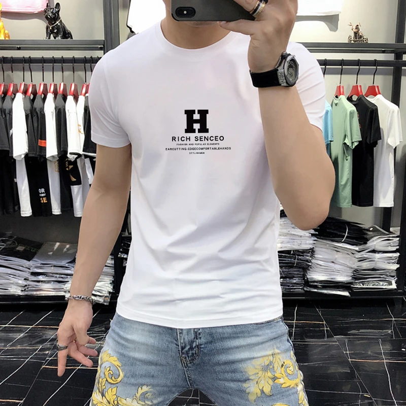 短袖男款爆款2025新款品质男装夏季潮流修身百搭字母印花半袖T恤