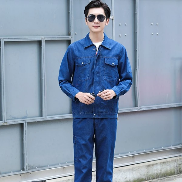 夏季薄款牛仔工作服套装男耐磨透气吸汗工地汽修建筑工地工作服